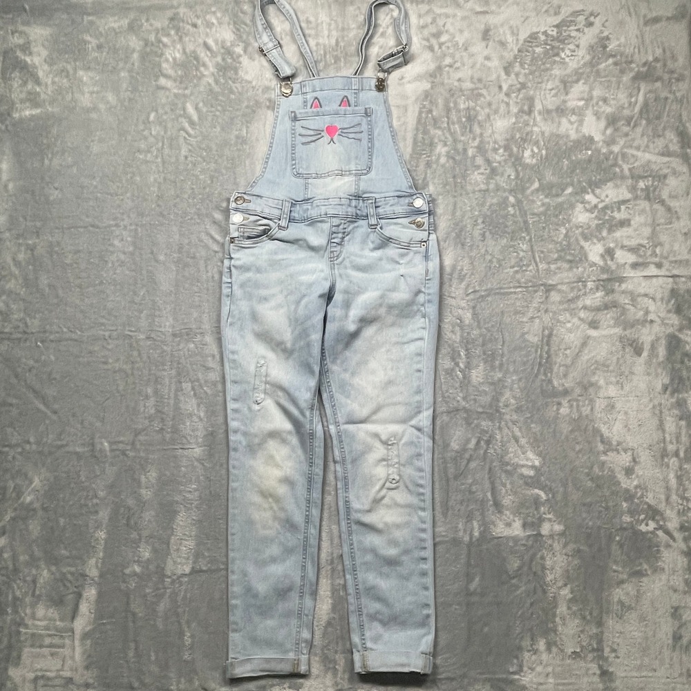 Justice‎ Denim Overalls Girls Size 10 Light Wash Blue Cat Embroidered Distressed